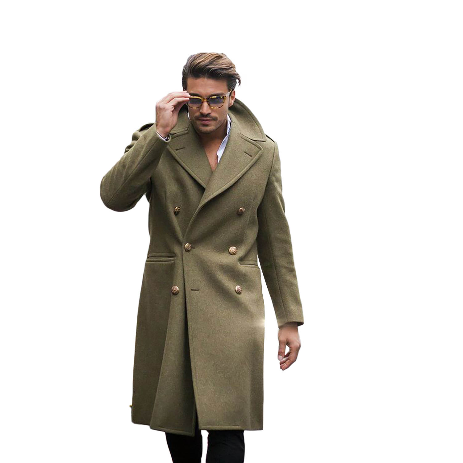 Formal Green Men Suits Thick Wool Custom Made Double Breasted Tuxedos Peaked Lapel Blazer Back Vent Business High Quality Popular Cheap Price Long Coa