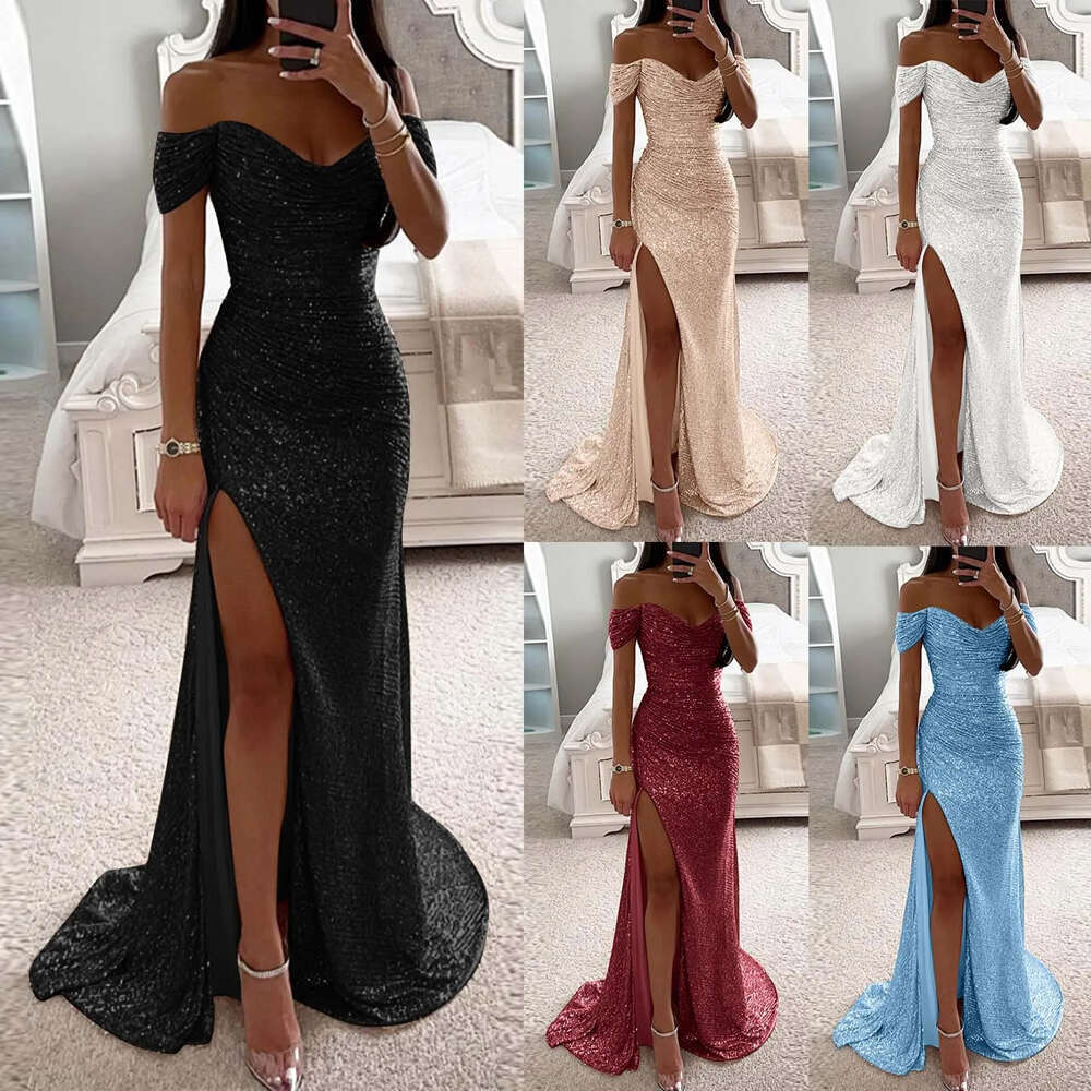 Sequined Mermaid Bury Evening Dresses Shiny Sexy High Split Off Shoulder Sweetheart Prom Formal Party Gown Vestido De Fiesta
