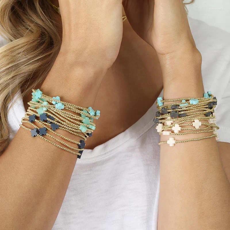 Strand Vlen Natural Stone Multi-color Cross Bracelet For Women Gold Plated 18 K Summer Bracelets Stackable Pulseras Boho Jewelry
