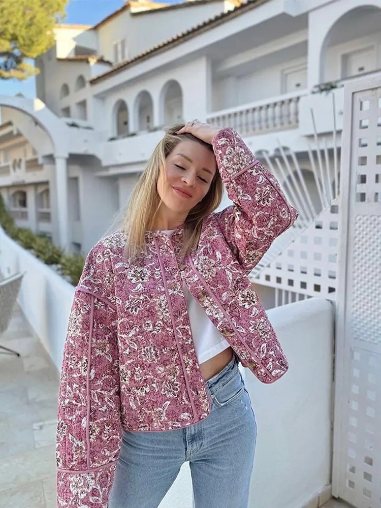 Fashion Print Quilted Jacket for Women Casual Long Sleeved Pocketed Zipper Coat Autumn Winter Commuting Female Overcoat 240715