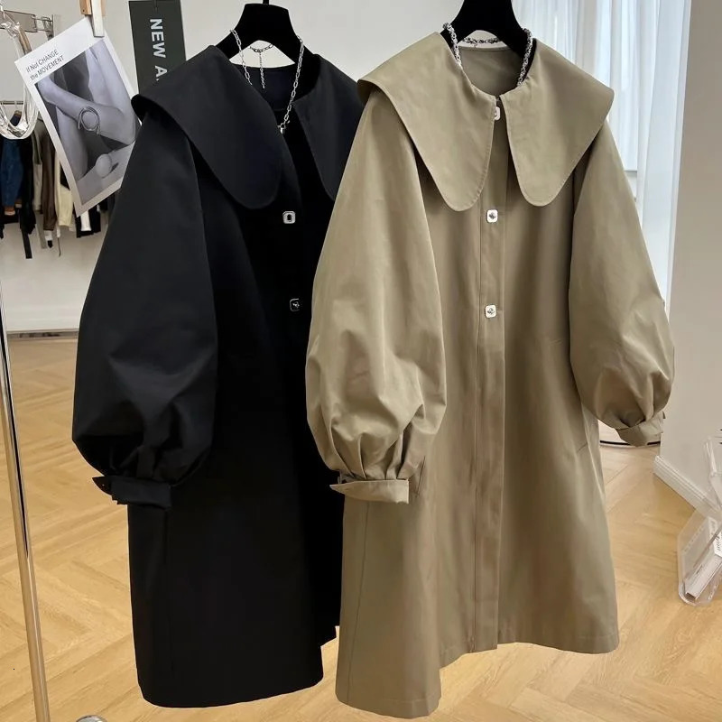 Trench Girls Autumn Doll Collar Windbreaker Coat Korean Solid Color Loose Middle Length Fashion Overcoat Button 240711