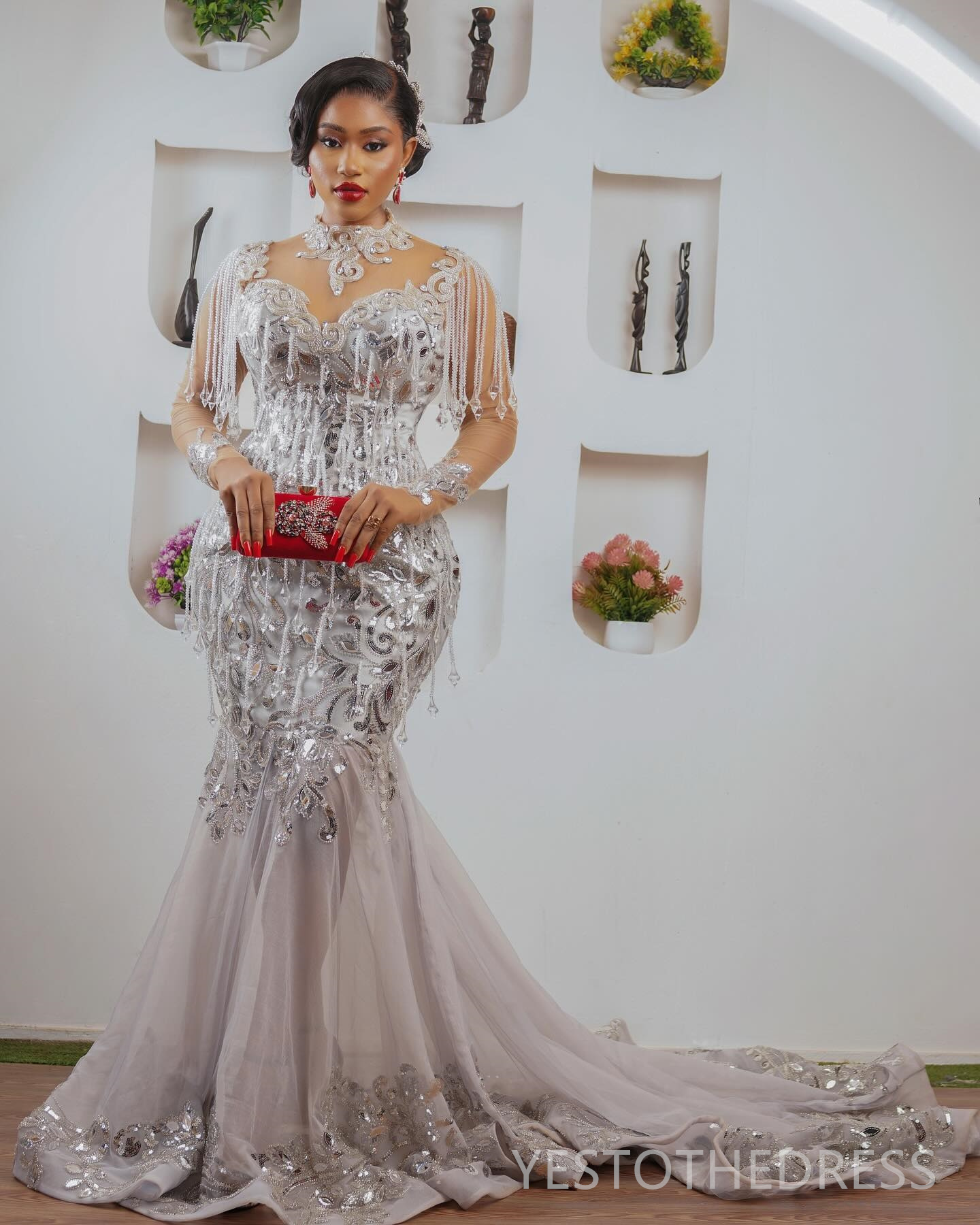 R&W 2024 Sier Aso Ebi Prom Mermaid Promdress High Neck Long Sleeves Illusion Beaded Crystals ra Lace Tassel Birthday Dress Second Reception Gala Gowns