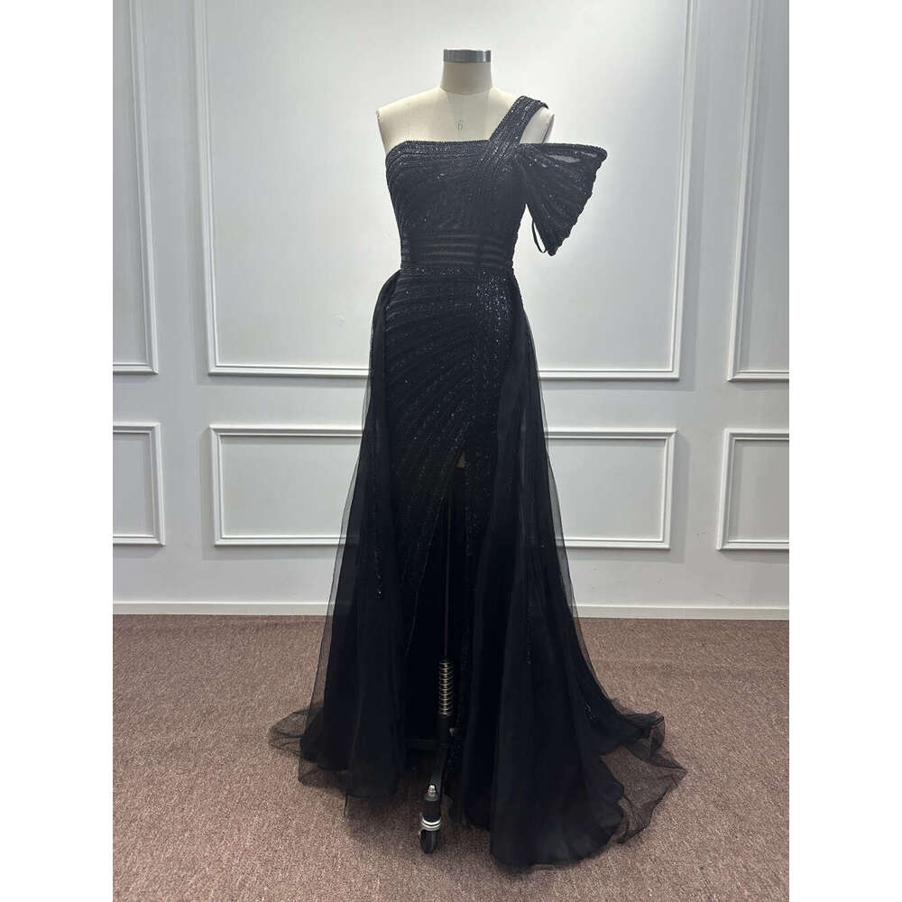 Mermaid Black Sequined Beading Evening Dresses One Shoulder High Split Arabic Formal Party Prom Gowns Vestidos De Fiesta