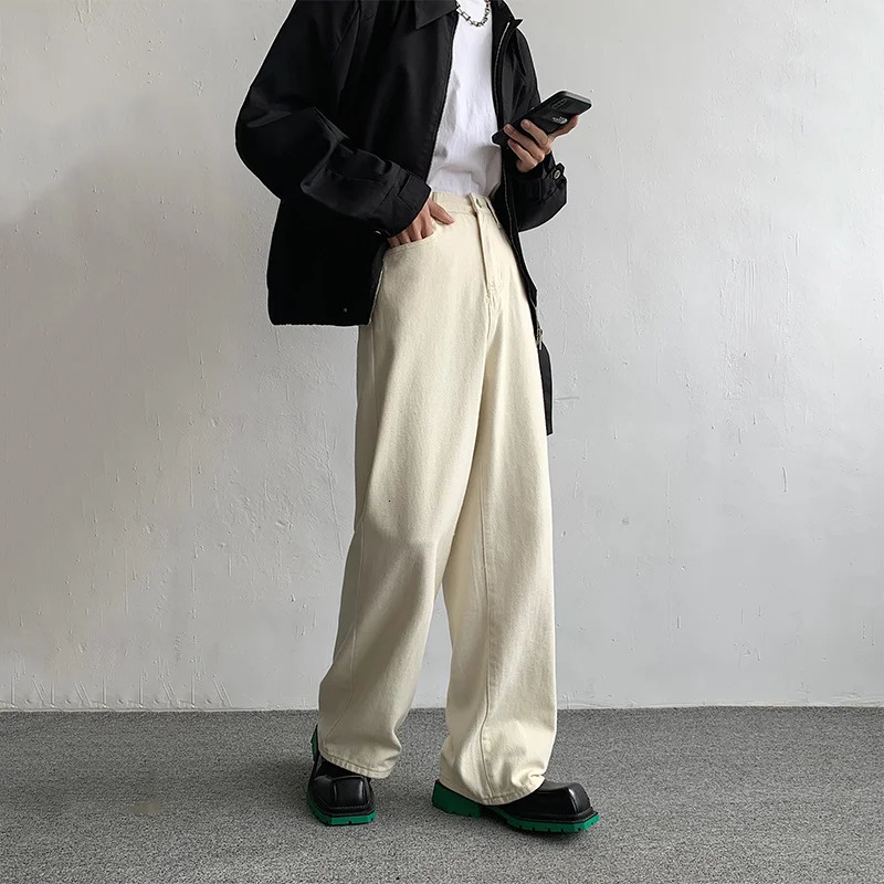 Baggy Beige Jeans Men Fashion Casual Oversized Wide Leg Jeans Men Streetwear Korean Loose Straight Denim Pants Mens Trousers 240712