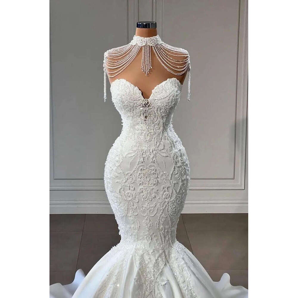 Mermaid Wedding Dresses High Neck Lace Up Corset Beading Sweep Train Satin Appliques Plus Size Bridal Gowns Vestidos De Novia