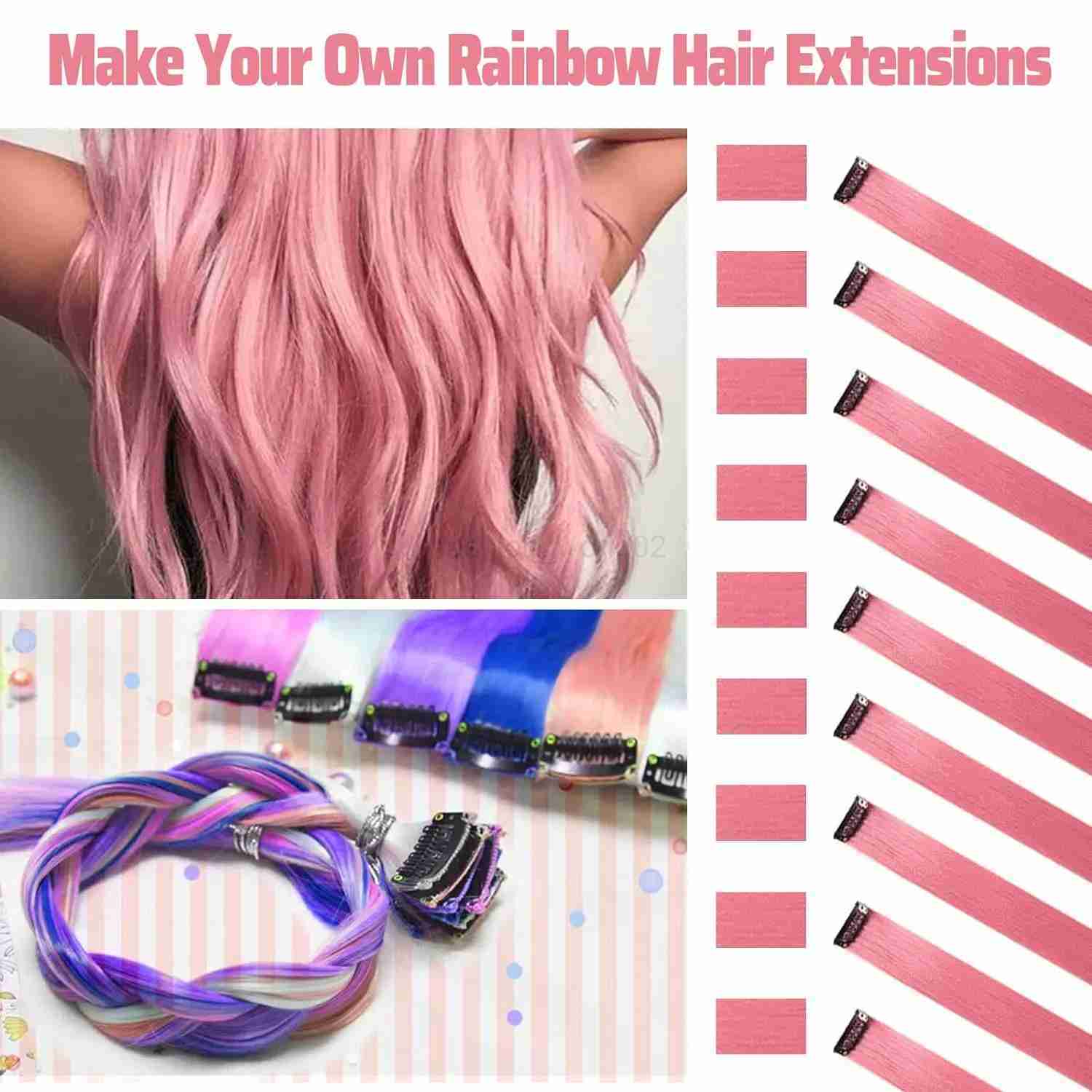(5 pieces) Synthetic Black Friday 22 inch Colorful Pink Hair Party Highlights Childrens Girls Straight Hair ClipX240719