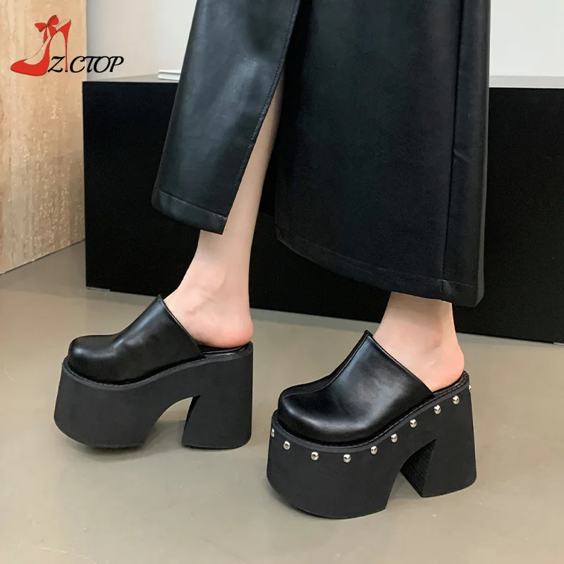 Womens platform sandals black Gothic closed toe bulky high heels slider rivet slider Y2k punk shoes womens summer size 41 42 240719 - view 5