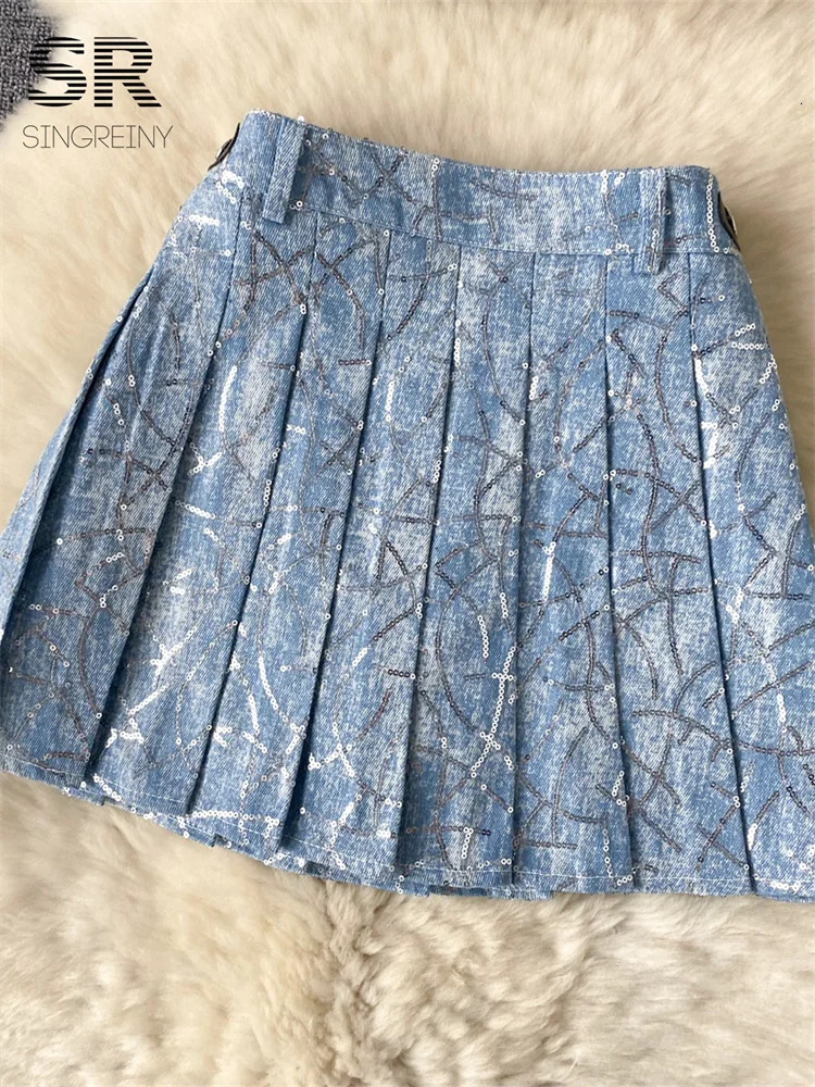 SINGREINY American Vintage Denim 2pcs Suits Women Sexy Ruched Strapless CamisoleSequins Pleated Skirt Shiny Lurex 2pcs Set 240708