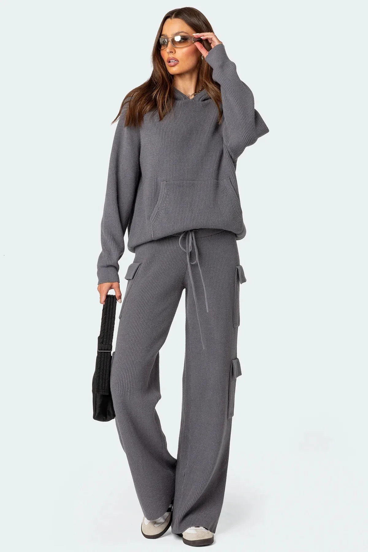 Ladies Hoodie Two Piece Knitted Pure Color Women Sweater Set pant set 240708