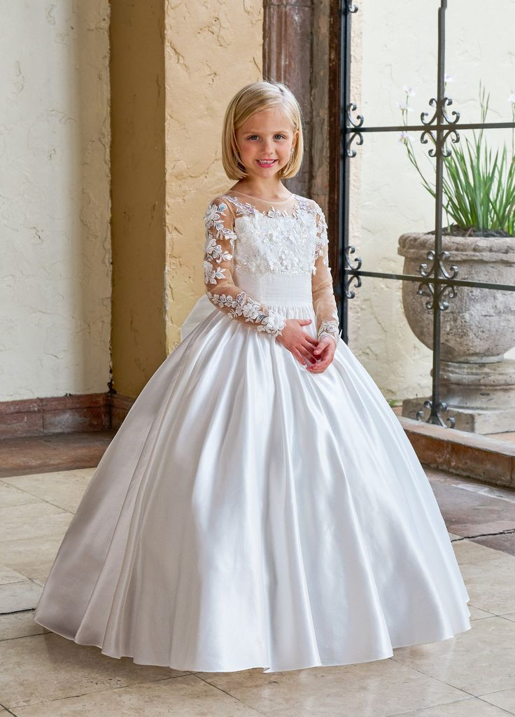 Princess White Satin Long Flower Girls Dresses With Bow Back Full Sleeves Lace Appliques Wedding Party Gowns First Communion Dress Kids Formal Wear