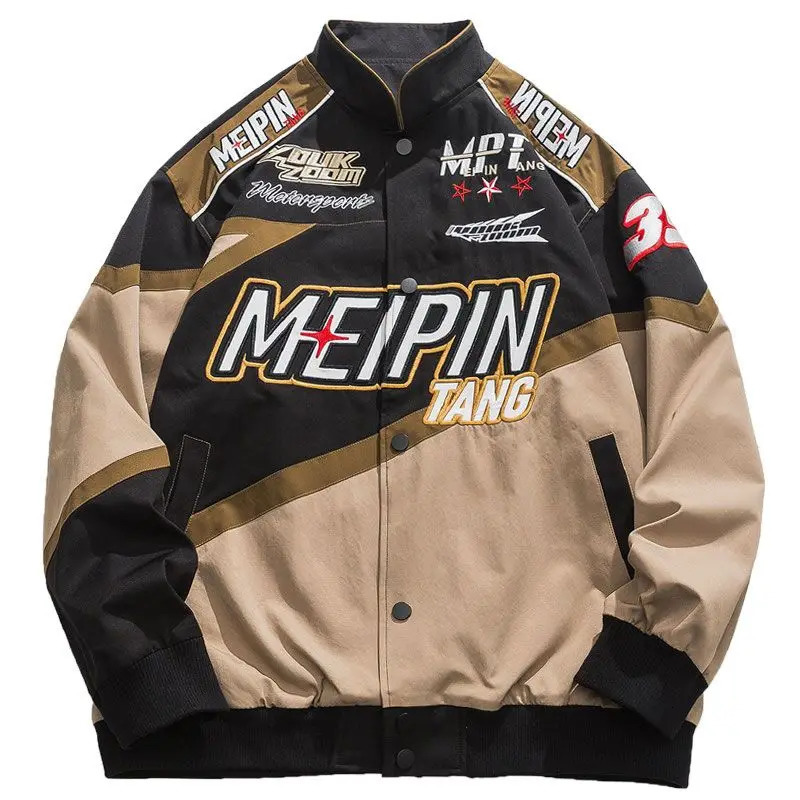 Racing Suit Mens Biker Jacket Y2k Autumn Windbreaker Embroidery Coat Hip-Hop Streetwear Vintage Patchwork Bomber Jacket 240716