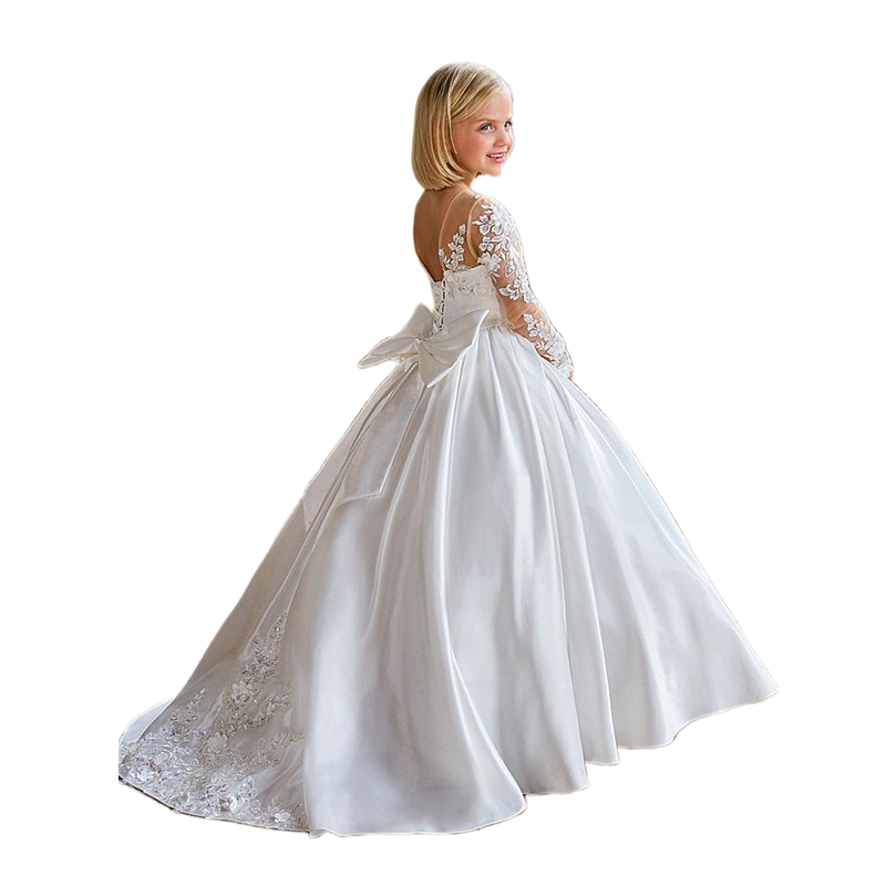 Princess White Satin Long Flower Girls Dresses With Bow Back Full Sleeves Lace Appliques Wedding Party Gowns First Communion Dress Kids Formal Wear