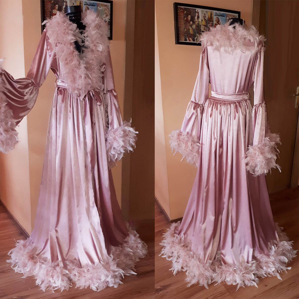 Elegant Velvet Bathrobe Dress for Photoshoots Feather V Neck Long Robes Photo Shoot Mother and Daughter Dresses Custom Made