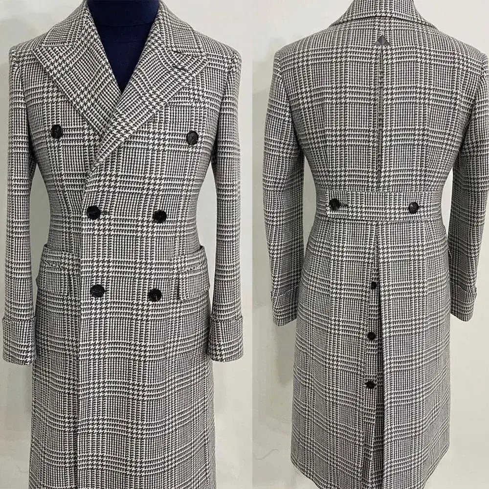 Daily Gray Men Suits Thick Wool Custom Made Double Breasted Tuxedos Peaked Lapel Blazer Back Vent Business High Quality Popular Cheap Price Long Coat 