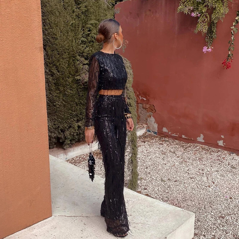 Clearance Tassel Sequin Women 2 Piece Set Spring Silver Bright Silk O-neck Crop Tops Wide Leg Pant Female Suit Fashion Lady Sets 240715