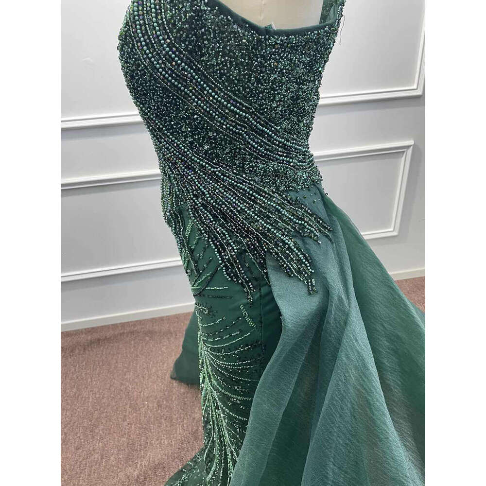 Beading Pearls Tulle Evening Dresses One Shoulder Sequined Dark Green Mermaid Arabic Formal Party Prom Gowns Vestidos