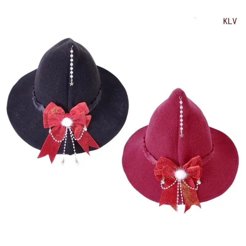 Halloween Witch Cap Wizard Hat Punk Knit Bowknot Hat Costume Headwear Lady Festival Headdress 240712