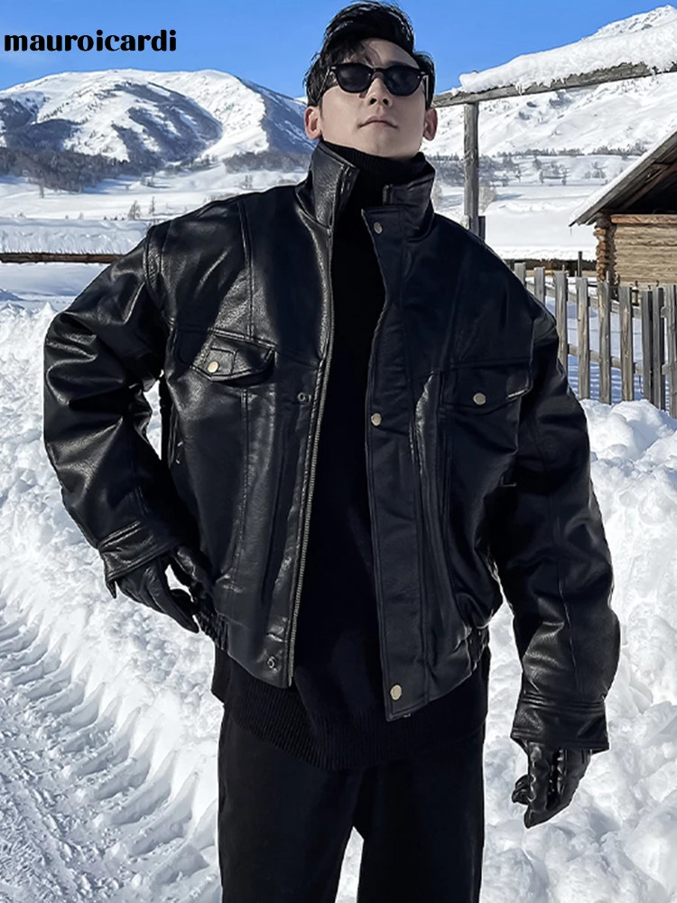 Mauroicardi Autumn Winter Waterproof Windproof Oversized Thickened Warm Black Faux Leather Jacket Men Zip Up Casual Cool Fashion 240715