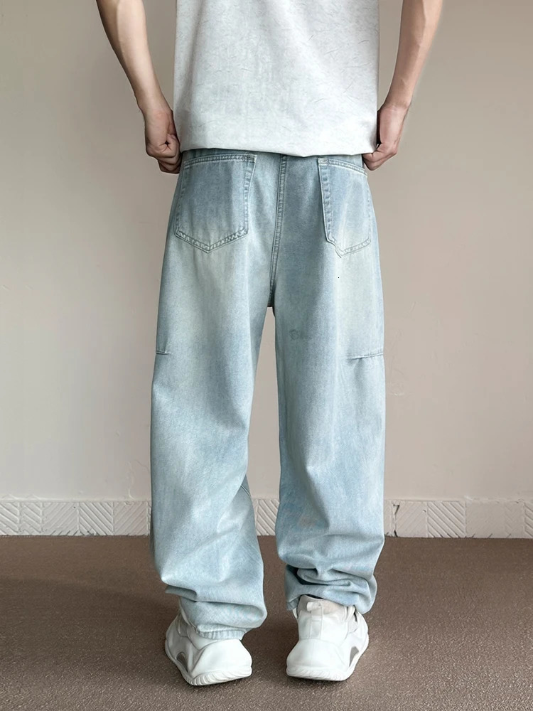 Korean Fashion Mens Baggy Jeans Light Blue High Street Straight Wide Trousers Personalized Washed Y2k Pants Male 240712