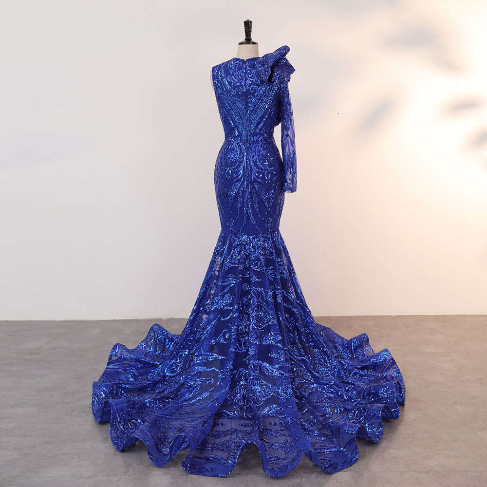 Vintage Royal Blue Lace Evening Dresses Deep V Neck Illusion One Shoulder Applique Ruffles Formal Party Prom Gown Robe De Soiree