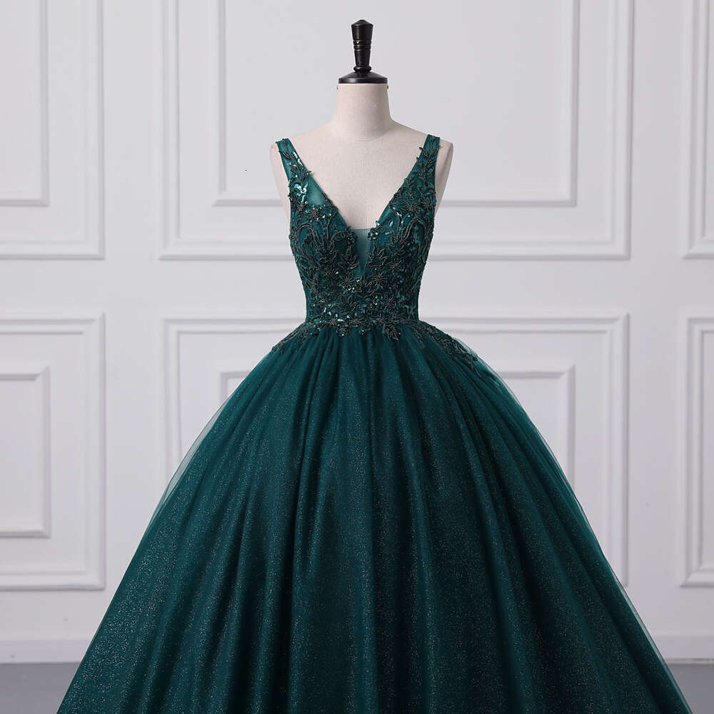 Glitter Sequined Beaded Evening Dress Dark Green Tulle Sexy V Neck Sleeveless Formal Party Prom Ball Gown Lace Up Robe De Soiree