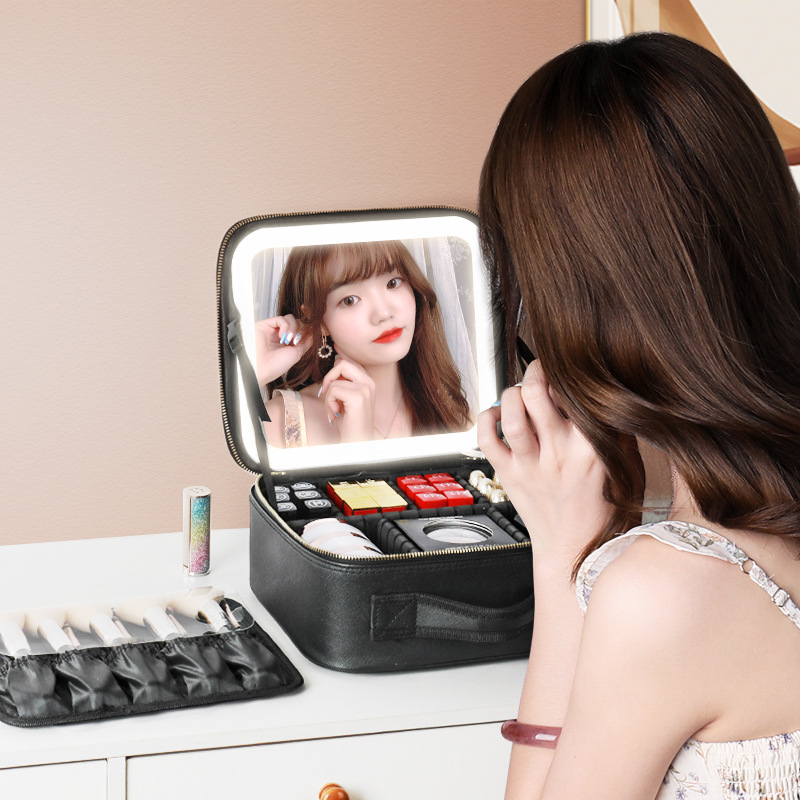 PU Cosmetic Case With Adjustable Brightness LED Mirror Women Portable Large Capacity Travel Toiletry Makeup Jewelry Storage