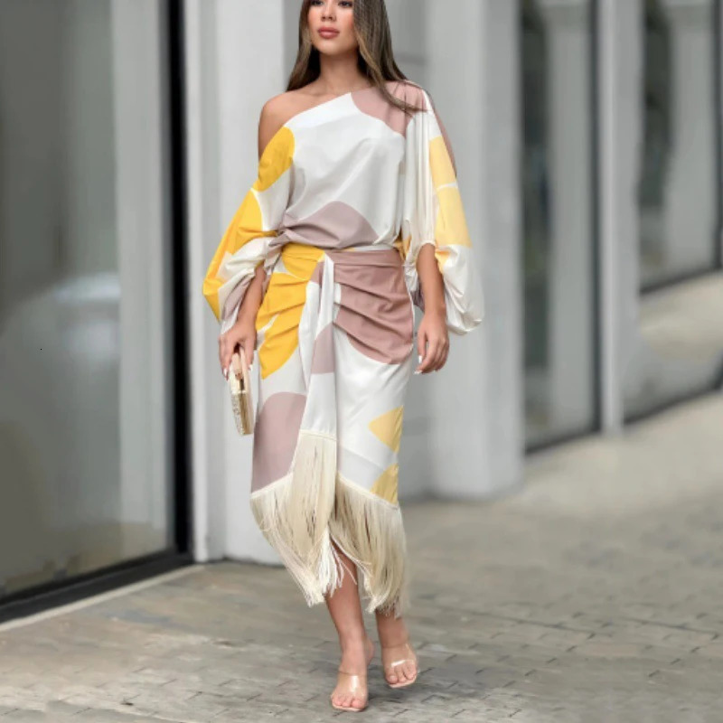 Spring Summer Womens Dress Suits Fashion Sexy One Shoulder Lantern Sleeve Top and Tassels Skirts Female Casual Twopiece 240712