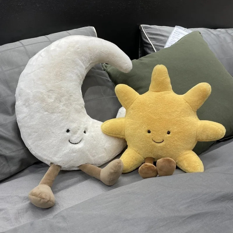 Plush Toys Kawaii Smile Face White Moon Yellow Sun Plushie Stuffed Cute Cartoon Weather for Kid Bedroom Decor Sofa Throw Pillow 240719