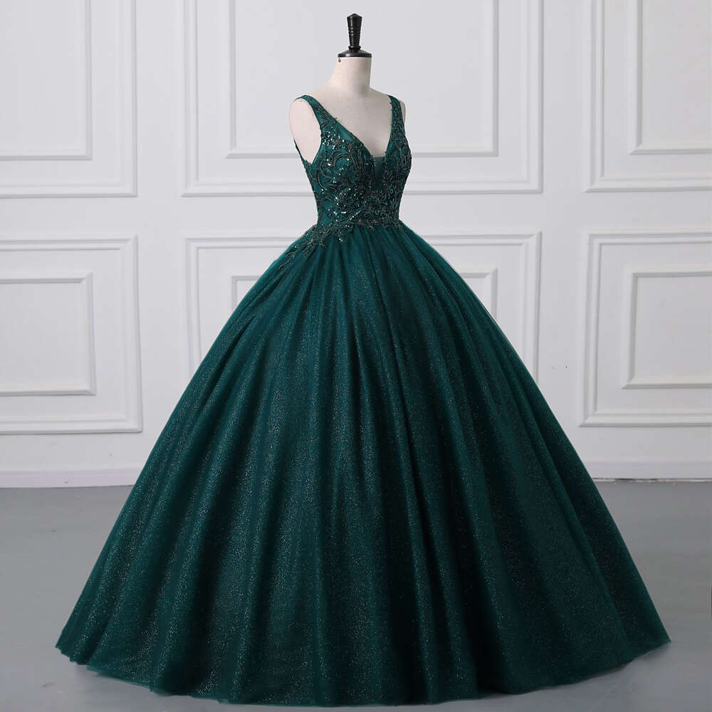 Glitter Sequined Beaded Evening Dress Dark Green Tulle Sexy V Neck Sleeveless Formal Party Prom Ball Gown Lace Up Robe De Soiree