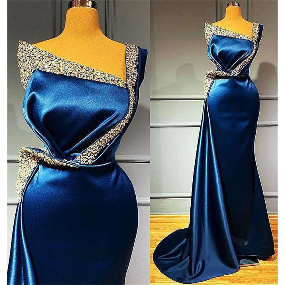 Blue Evening Dresses With Beads One Shoulder Satin Mermaid Long Prom Formal Party Gowns Crystals Arabic Robe De Soiree