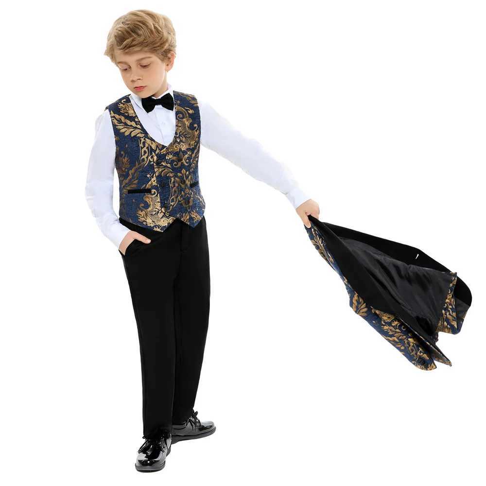 Suits Children Gold Printed Formal Wedding Suit Kids Jacket Vest Pants Photograph Dress Boys Tuxedo Suit Children Graduation Costume