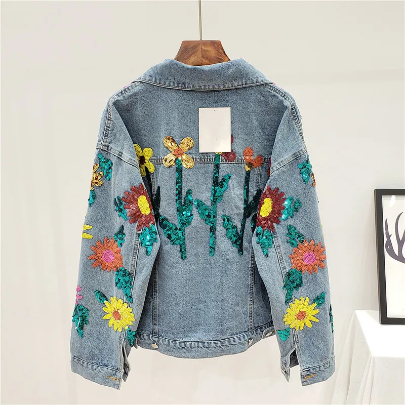 Fashion Sequins Sunflower Autumn Denim Woman Jacket Loose Blue Spring Jean Clothes Coats Womens Clothing Kurtka Jeansowa 240717