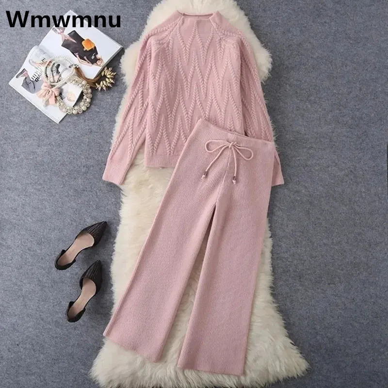 Fall Spring Knit 2 Piece Sets Half Turtleneck Sweater Tops Outfit Knitted Wide Leg Pants Trajes Knitwears Pullovers Tracksuits 240712