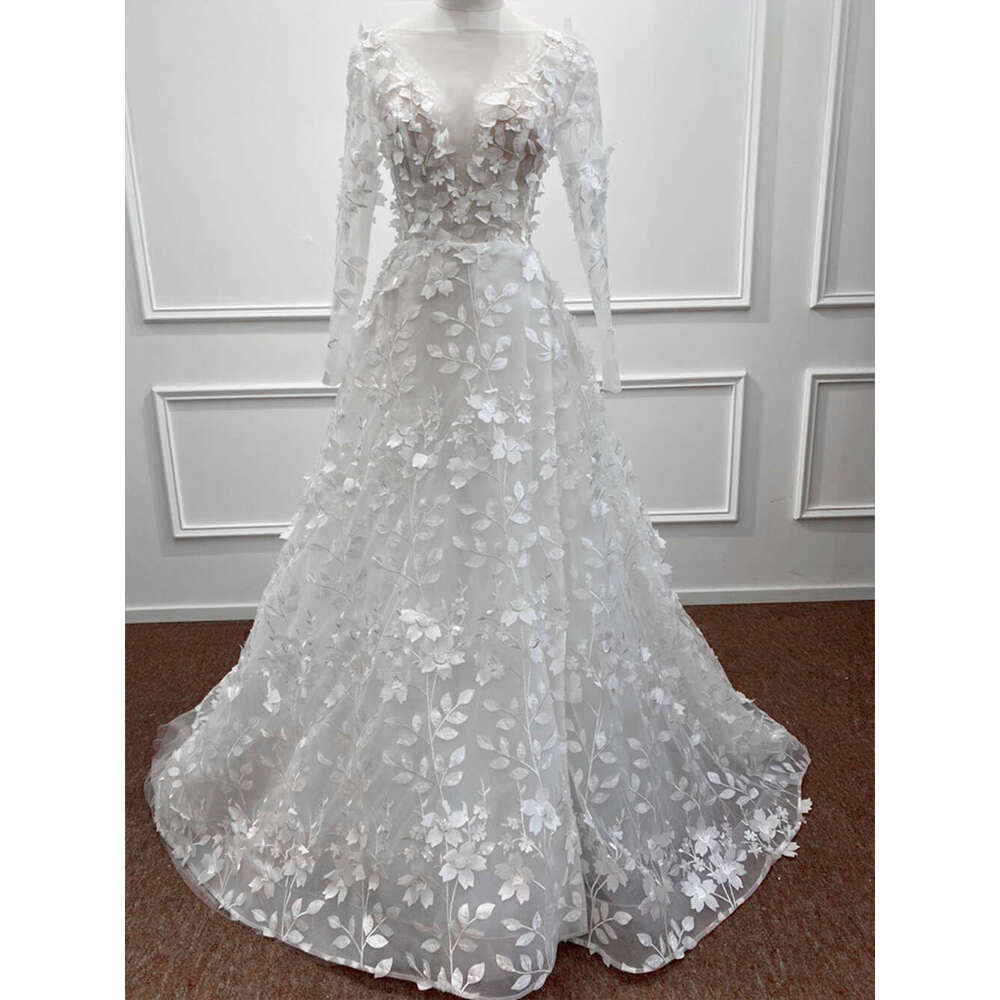 Elegant Appliques Backless Wedding Dresses For Women Embroidery Beaded Bridal Gowns Long Sleeve Formal Ocn Vestido De Novia