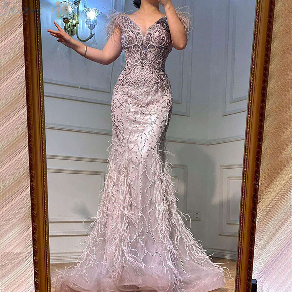 Mermaid Feathers Crystal Evening Dresses Women 2024 Dubai Beading V Neck Elegant Formal Party Prom Gowns Vestidos De Gala
