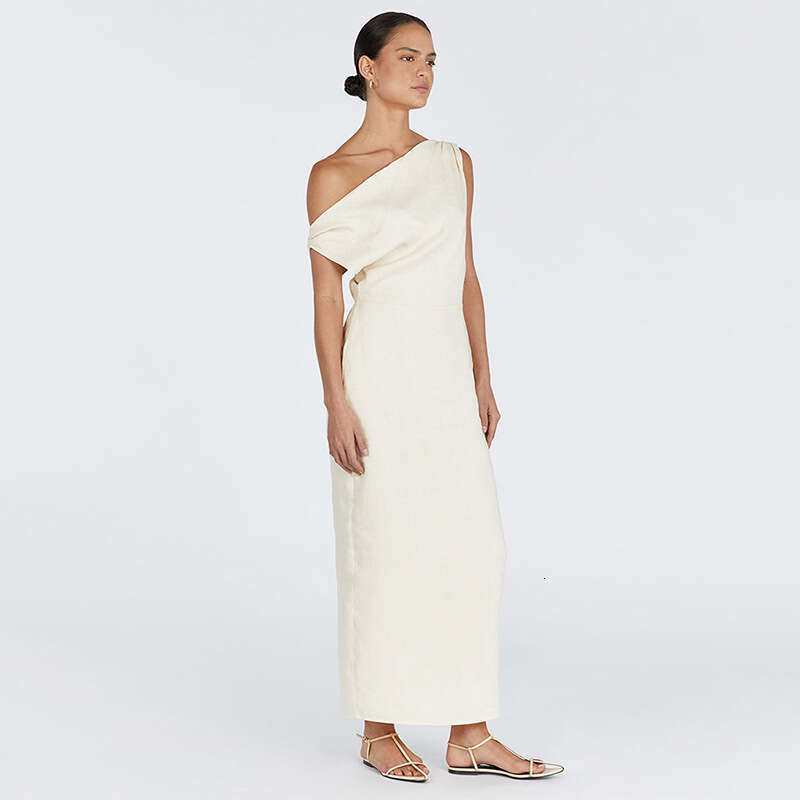 Australian Niche Dissh Linen Dress with Asymmetrical and Sexy One Shoulder Long Skirt Temperament Sexy Waist Short SKINNY DRESS Silk Dress