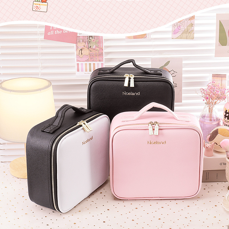 PU Cosmetic Case With Adjustable Brightness LED Mirror Women Portable Large Capacity Travel Toiletry Makeup Jewelry Storage