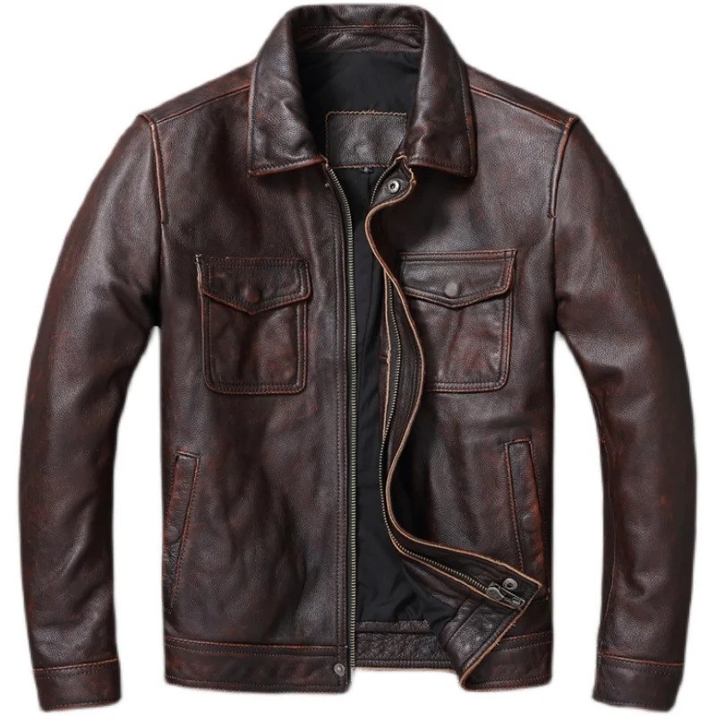 Vintage Brown Red Genuine Leather Jacket Men 100% Cowhide Natural Leather Jackets Man Leather Autumn Clothing Coat Cow Jacket 240715