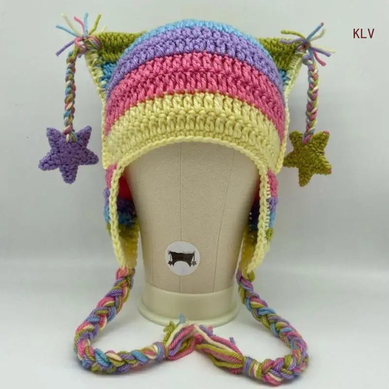 High Elastic Windproof Cat Ear Hat Knitted Stripe Pattern Hat for Women Men Keep Ear Warm Hat with Dangle Pompoms Decor 240712