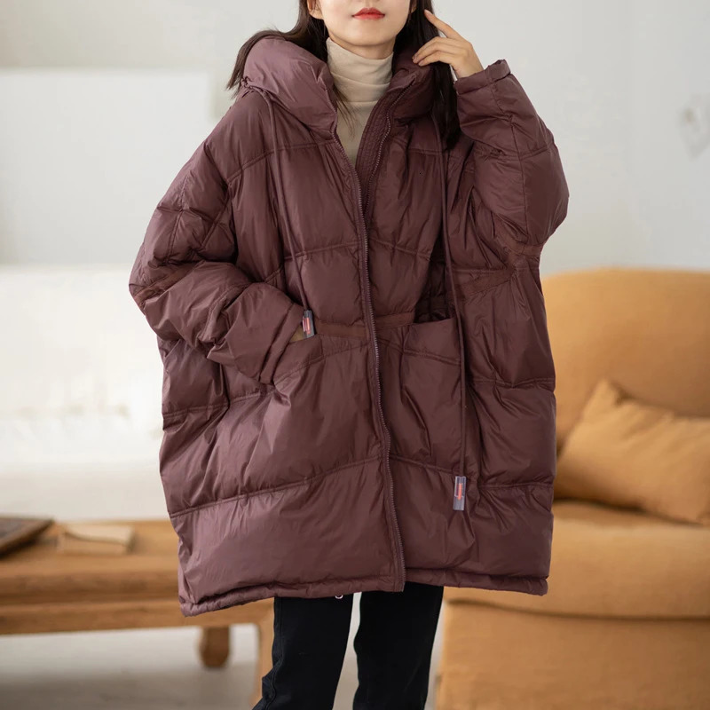 Lagabogy 2024 Winter Women 90% White Duck Down Jacket Casual Loose Over Size Warm Parka Female Drawstring Hooded Puffer Coat 240712