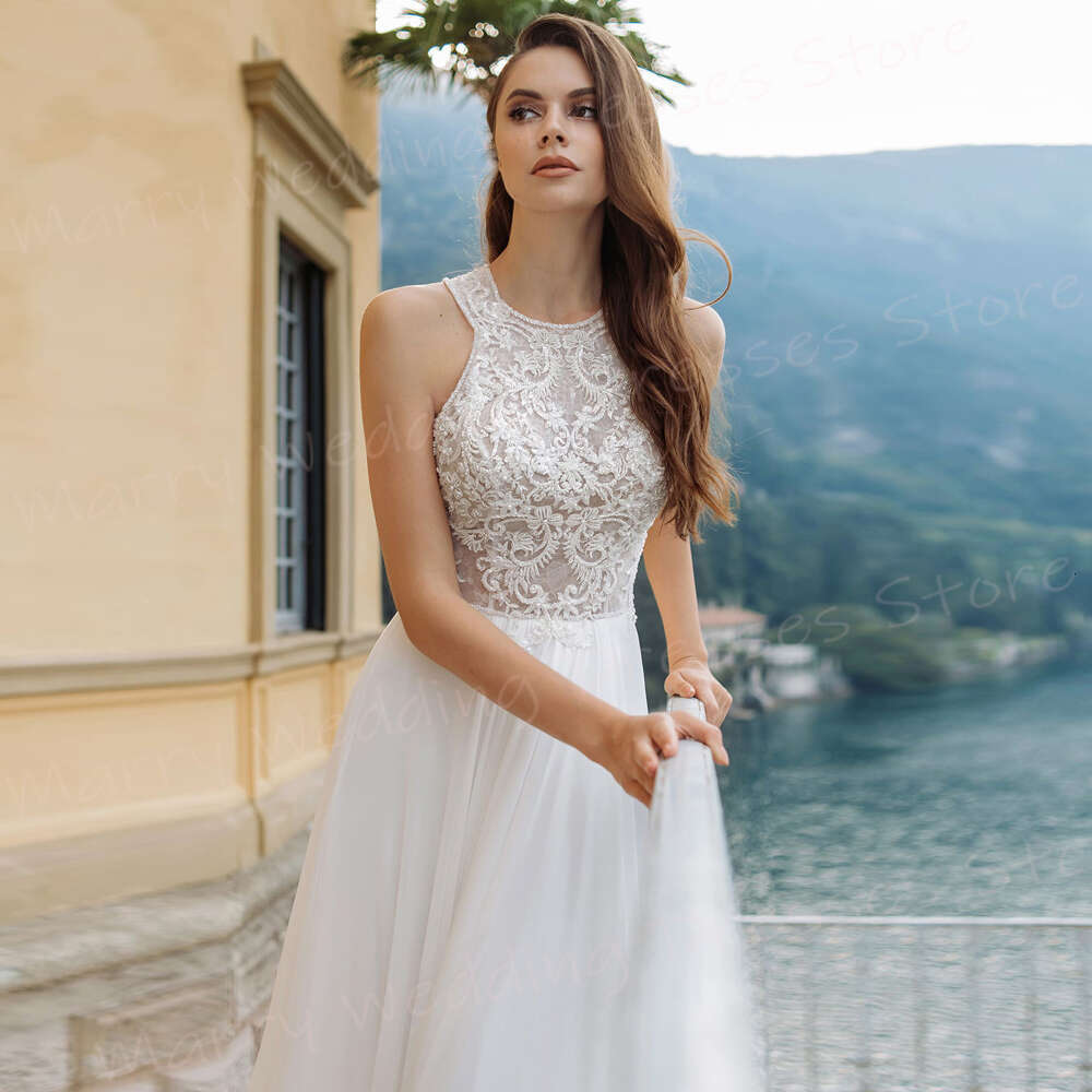 New Modern Halter Neck A Line Women's Wedding Dresses Simple Appliques Lace Bride Gowns Sexy Sleeveless Beach Vestidos De Novia 0719