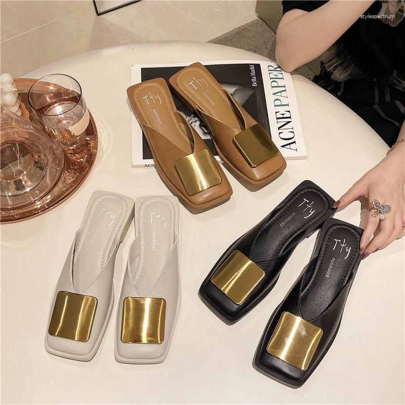 Slippers Brand Designer Women Fashion Metal Buckle Mules Flat Heels Square Toe Shallow Shoes Outdoor Slide Female Casual Sandal