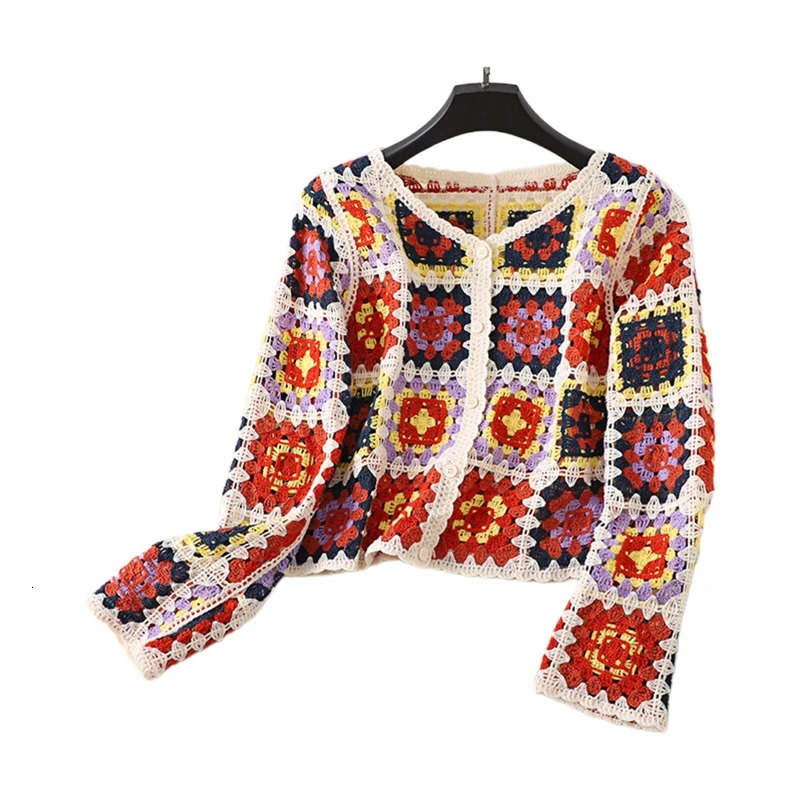 Women Beach Holiday Button Sweater Coat Crochet Knit Colorful Cardigan Outwear 10CF 240717