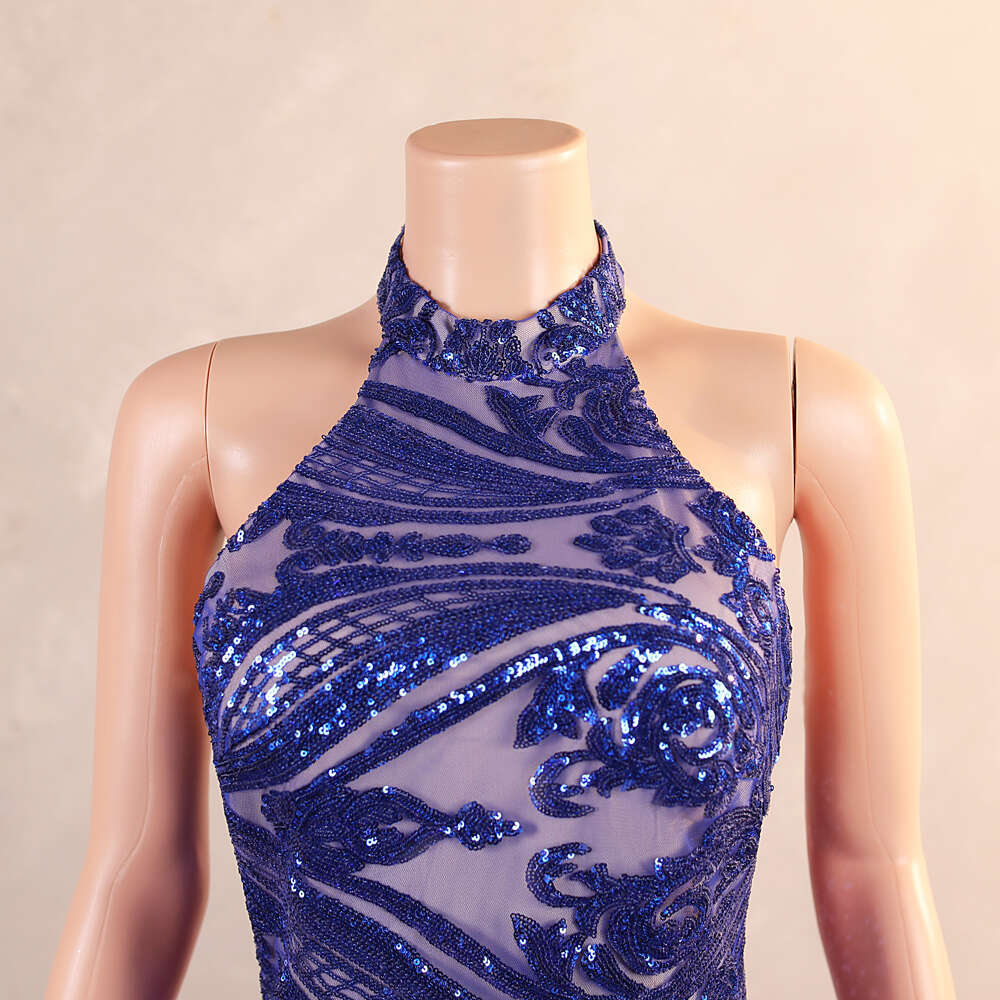 Glitter Lace Sequined Evening Dresses Royal Blue Sexy Halter Sleeveless Flowers Mermaid Formal Party Prom Gowns Robe De Soiree
