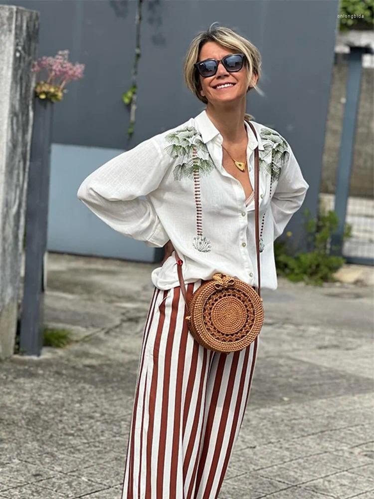 Womens Blouses Elegant Coconut Tree Print White Shirt Women Fashion Loose Lapel V Neck Long Sleeve Blouse 2024 Office Lady Commuting Tops