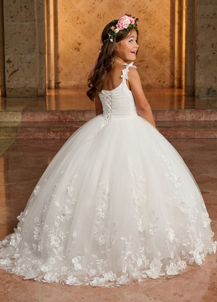 Little Ball Gown Flower Girls Dresses Spaghetti Straps 3D Floral Lace Appliques Ivory White Tulle Wedding Party Gowns Kids Formal Wear Birthday Christ