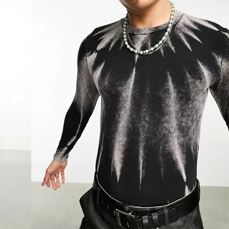 Fashion Mens T Shirts Streetwear Fall Long Sleeve O Neck Stretch Slim Fitting Basic Tops Men Y2K Style Printed T-shirt 240716