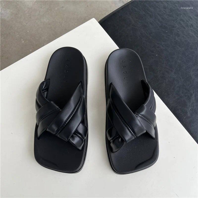 Slippers Ladies Home Women Slides Summer Cross Woven Sandals Square Head Fashion Outer Beach Shoes Woman Flip ps Indoor