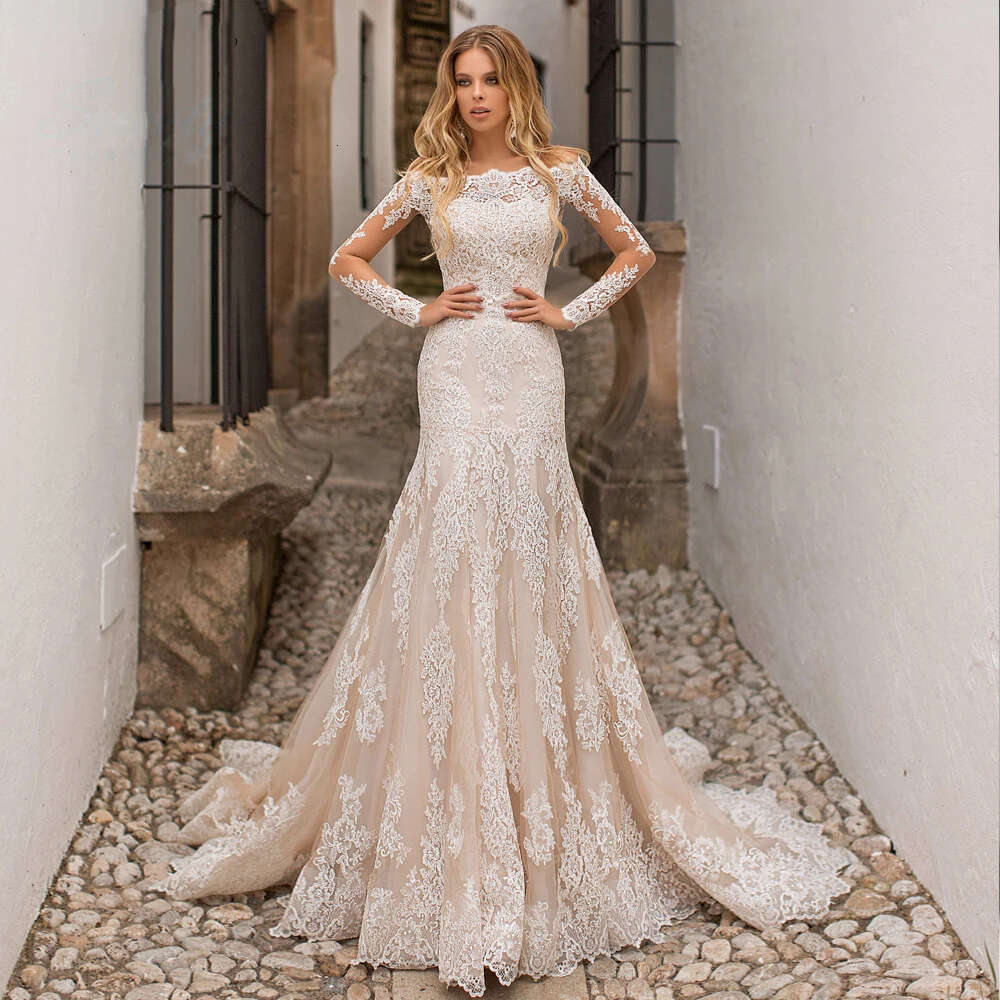 Champagne Mermaid Dresses 2023 Modern Detachable Train With Long Sleeve Jacket Appliques Wedding Gown Vestidos De Novia