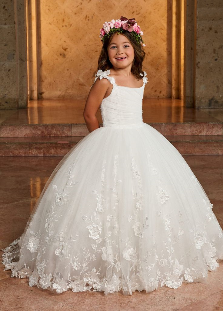 Little Ball Gown Flower Girls Dresses Spaghetti Straps 3D Floral Lace Appliques Ivory White Tulle Wedding Party Gowns Kids Formal Wear Birthday Christ